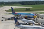 Continental jets, including a 777 painted by Peter Max, lined up at the airline's Houston hub.