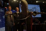 Airbus President & CEO Fabrice Brégier (at left) is joined by Alabama Governor Robert Bentley amidst confetti and streamers after announcing the decision to create an A320 Family final assembly line at Mobile’s Brookley Aeroplex. (Photo by Airbus)
