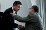ANA senior executive vice president Mitsuo Morimoto shakes hands with Scott Francher, Boeing's VP of the 787 program.