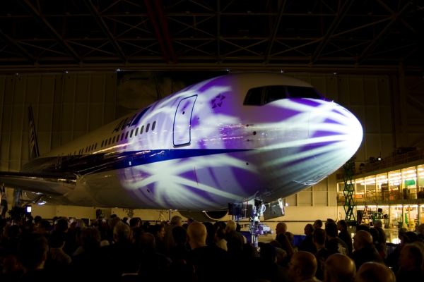 The plane with some lighting effects at the end of the ceremony.