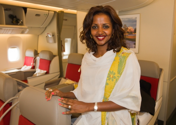 One flight attendant on every Ethiopian flight wears a traditional Ethiopian dress