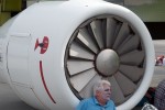A volunteer in front of the simulated aircraft.