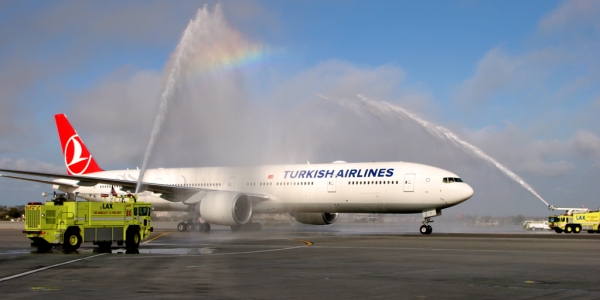Turkish Airlines first flight receives LAX water cannon salute. (Photo by Stephen Shrank/NYCAviation)