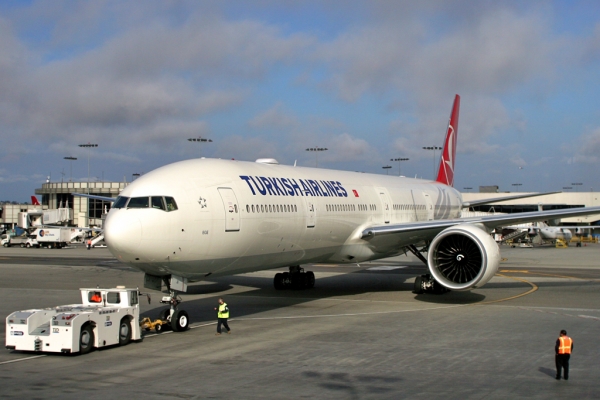 Turkish Airlines first flight gets towed to the gate at LAX. (Photo by Stephen Shrank/NYCAviation)