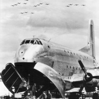 A C-24 Globemaster's cargo doors open up to swallow its payload.