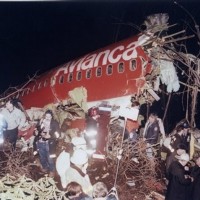 The wreckage of Avianca Flight 52 following a crash on January 25, 1990.