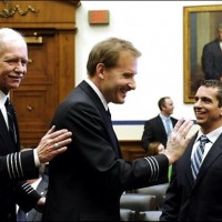 Controller PAtrick Harten greets US Airways 1549 Captain Sullenberger and First Officer Skyles at a hearing with the house Aviaiton Subcommittee.