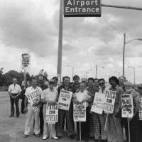 PATCO air traffic controllers picket outside of Bishop Airport in Flint, Michigan.