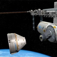 Artist's rendering of a Boeing CST-100 spacecraft approaching a rendezvous International Space Station.