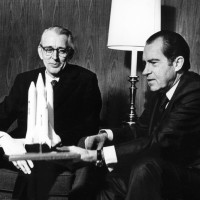 President Richard M. Nixon and Dr. James C. Fletcher, NASA Administrator, discuss the proposed Space Shuttle vehicle in San Clemente, California, on January 5, 1972. (Photo by NASA)