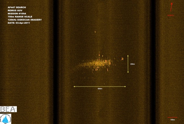 Side scan sonar of Air France Flight 447 wreckage in Atlantic Ocean.