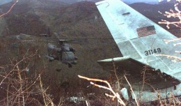 USAF MH-53J Pave Low helicopter over wreckage of the USAF CT-43A approximately 3 kilometers north of the Dubrovnik Airport in Croatia. (Photo by US Army)