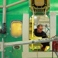 Worker inside the fuselage of a new Boeing 737-800