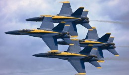 The US Navy Blue Angels flyby in tight formation