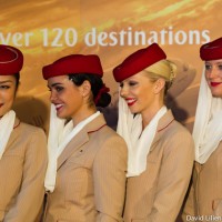 Emirates flight attendants pose for photos in Seattle