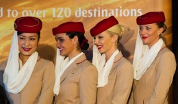Emirates flight attendants pose for photos in Seattle