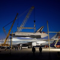In preparation for its flight to New York, Space Shuttle Enterprise is mounted to the top of the Boeing 747 Shuttle Carrier Aircraft at Dulles Airport early Friday morning. (Photo by NASA/Bill Ingals)