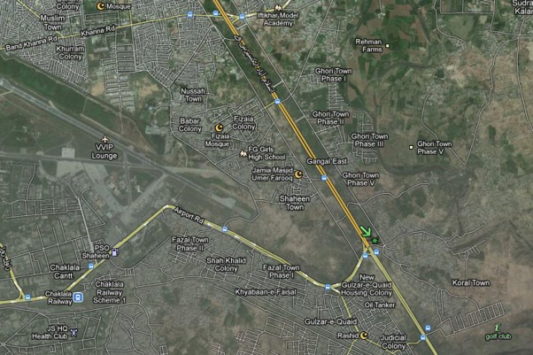 Rough location of the crash site, about 1 mile from the end of the Benzair Bhutto International Airport runway. (Map via Google)