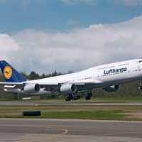 Lufthansa's first Boeing 747-8 Intercontinental (D-ABYA) takes off on a test flight. (Photo by Boeing)