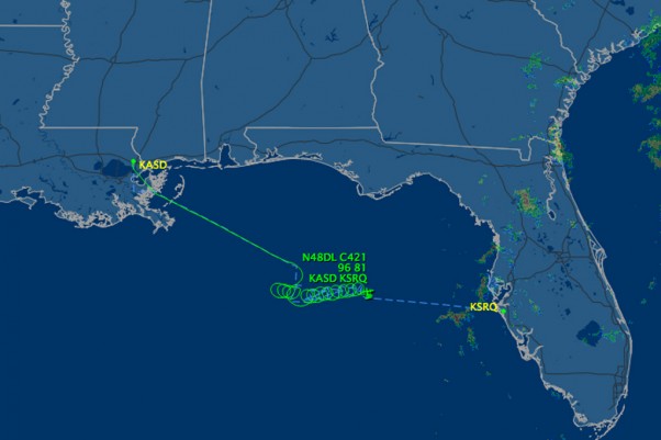 Flight path of the twin-engine Cessna 421, N48DL. (Map by FlightAware.com)