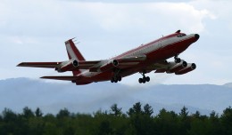 The last flying Boeing 720 (C-FETB), whose final decades were spent working as a Pratt & Whitney engine testbed, is seen here taking off from Plattsburgh in 2008. (Photo by Senga Butts)