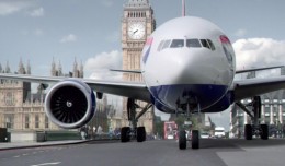 British Airways Boeing 777 driving through London in a TV commercial.