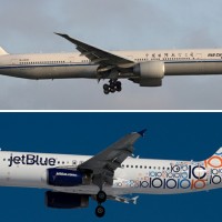 An Air China Boeing 777-300ER arrives at LAX (top, by Brian Gershey) and a JetBlue Airbus A320 takes off from JFK (bottom, by Eric Dunetz).