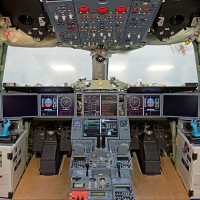 First electrical power-on of A350 XWB MSN1 flight-deck, with its six large interchangeable displays. (Photo by Airbus/P. Pigeyre)