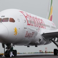 The first Ethiopian 787 Dreamliner is pulled into its parking spot prior to a VIP flight to Mt Kilimanjaro. Note the plane's new titles. (Photo by Jeremy Dwyer-Lindgren)