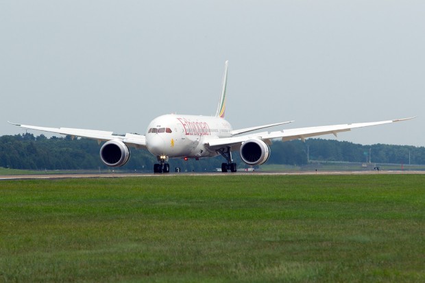 ETH 6 CARY CLICK TO ENTER SLIDESHOW: Ethiopian's first 787 touches down at Washington Dulles on the first leg of its journey. (Photo by Cary Liao)