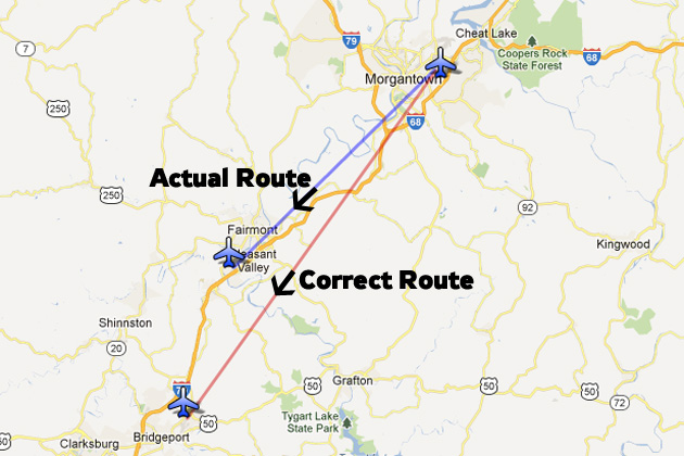 Map showing the approximate route flown by the errant flight, and the correct route. (Map by Google Maps/Matt Molnar)