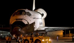 Space shuttle Endeavour is towed before dawn on September 14th from her storage in the Vehicle Assembly Building to the Space Shuttle Landing Facility to be hoisted on to the back of the SCA. (Photo by Suresh Atapattu)
