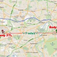 The stowaway's body landed about 7 miles east of Heathrow's Runway 27L. (Map by NYCAviation/Google Maps)