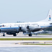 NOAA Lockheed WP-3D Orion (N42RF "Kermit") lands at Fort Lauderdale following a sortie through two dangerous tropical systems. (Photo by Mark Lawrence)