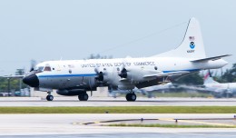 NOAA Lockheed WP-3D Orion (N42RF "Kermit") lands at Fort Lauderdale following a sortie through two dangerous tropical systems. (Photo by Mark Lawrence)