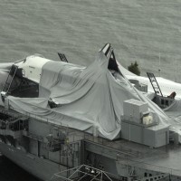 Photo shows Space Shuttle Enterprise's failed protective bubble and broken tail, the only yet-known damage the aircraft received.