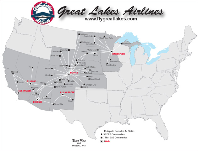 Great Lakes Airlines route map, October 2012