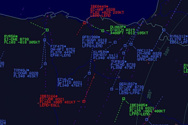 Screen showing air traffic over Spain.