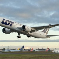 LOT's first Boeing 787 Dreamliner (SP-LRA) takes off from Everett, Washington. (Photo by Boeing)