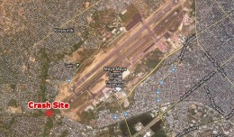 The plane went down about 1 km southwest of Maya Maya Airport. (Map by NYCAviation/Google Maps)