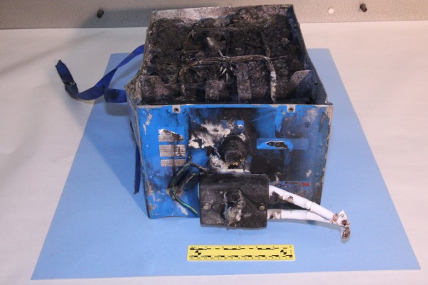 These are the remains of the lithium-ion battery that burst into flames inside a Boeing 787 last week. (Photo by NTSB)