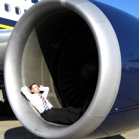 Relaxing in the engine of a 767 after landing in Romania in 2007. Oh, and the engine wasn't on.