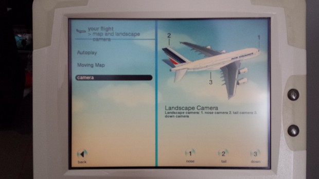 The camera selection screen on an Air France Airbus A380