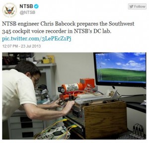 NTSB engineer Chris Babcock prepares the Southwest 345 cockpit voice recorder in NTSB’s DC lab.