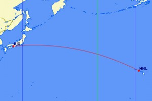 The route from Osaka to Honolulu. The space between the red lines is 60 degrees of longitude. Map courtesy GCMap.com