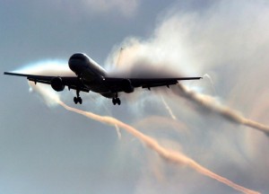 Not a chemtrail: This image was circulated as proof that chemtrails exist, because a “pilot forgot to turn off the chemtrails” before landing. In reality, this is just a somewhat doctored photo of an aircraft landing in high humidity conditions.