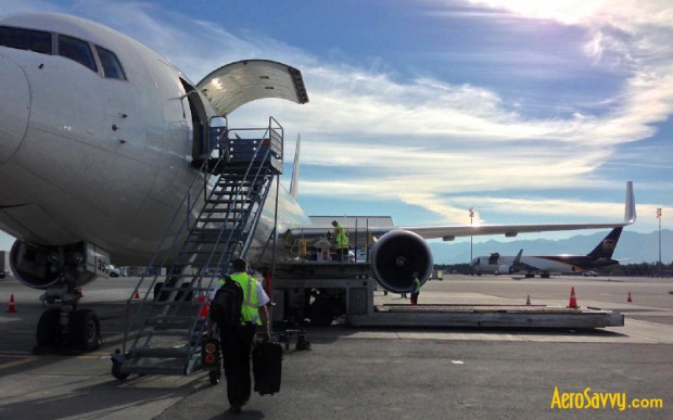 Walking out to our Boeing 767 as it's being loaded.