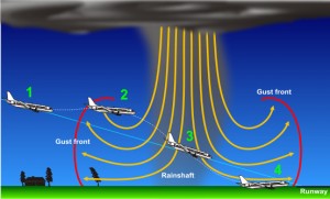 This diagram shows how an aircraft responds to the various wind changes associated with a downdraft/microburst, similar to what caused the crash of Delta 191