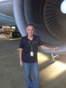 Peter Aurich, Condor manager of fleet operations, in front of a Pratt & Whitney engine recently installed on a Condor 767.