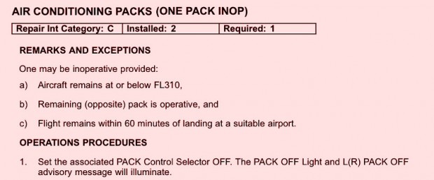 Example of an aircraft Minimum Equipment List - Air Conditioning Packs